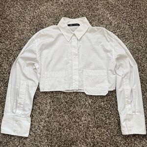 Zara White Cropped Button-Down Shirt